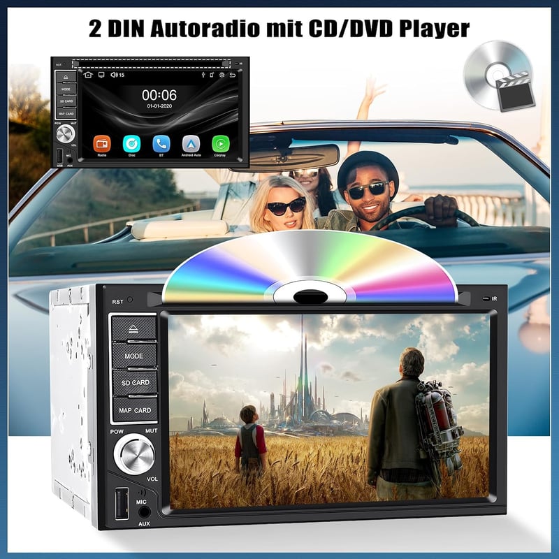 CAMECHO 2 DIN autórádió CD DVD MP5 6.2 hüvelykes érintőképernyő CarPlay Android Bluetooth Mirror Link kormányvezérléssel tolatókamera FM rád