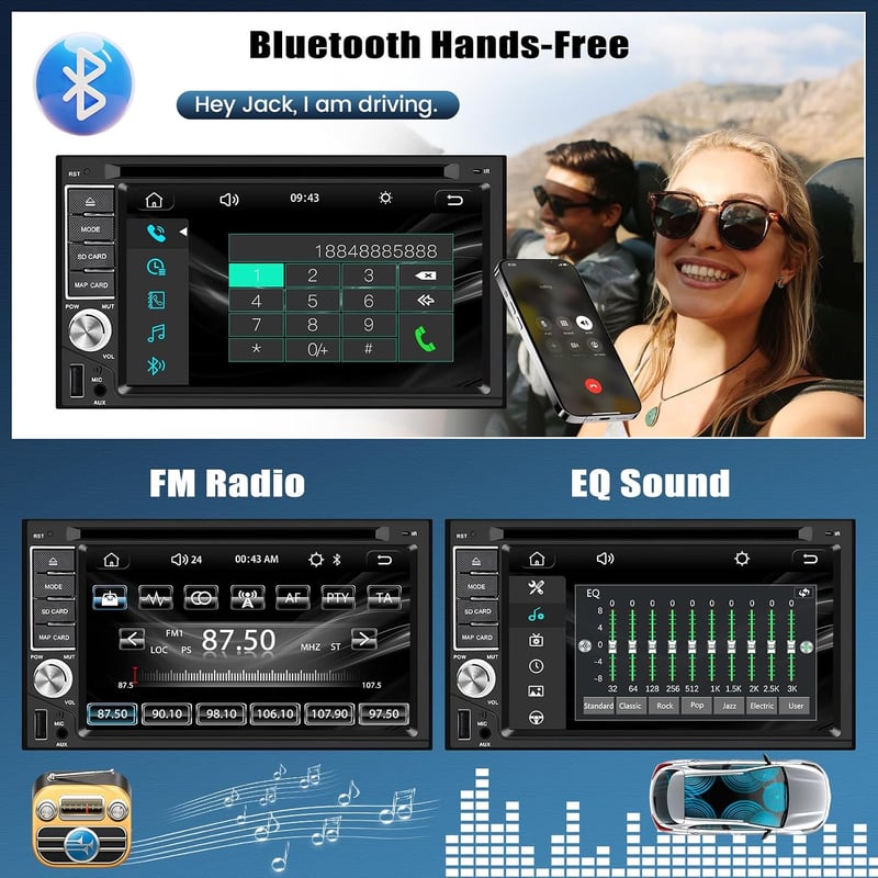 CAMECHO 2 DIN autórádió CD DVD MP5 6.2 hüvelykes érintőképernyő CarPlay Android Bluetooth Mirror Link kormányvezérléssel tolatókamera FM rád