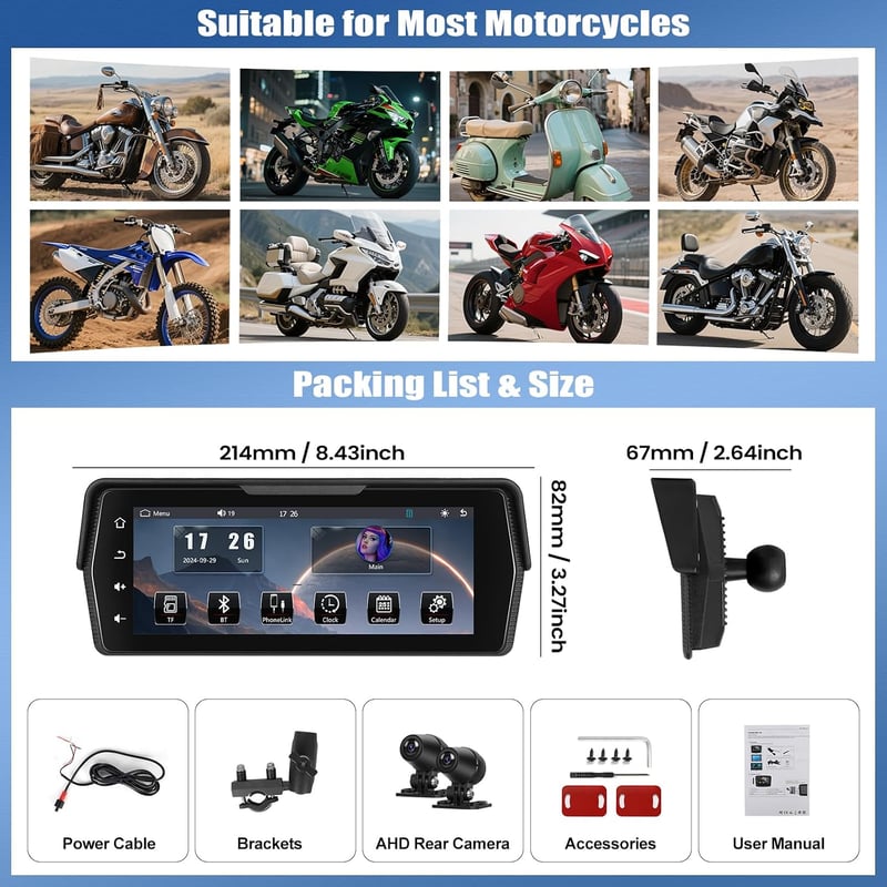 CAMECHO 5 inch IPS vezeték nélküli motoros monitor függőleges kijelző CarPlay Android Auto Bluetooth IP68 EQ beállítással univerzális haszná