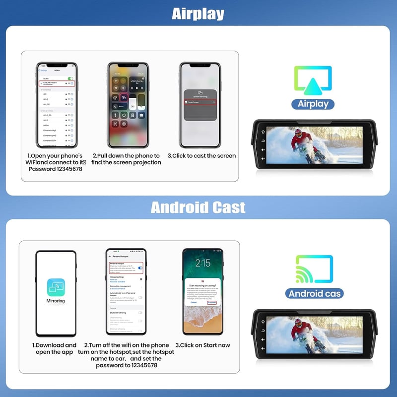 CAMECHO 5 inch IPS vezeték nélküli motoros monitor függőleges kijelző CarPlay Android Auto Bluetooth IP68 EQ beállítással univerzális haszná