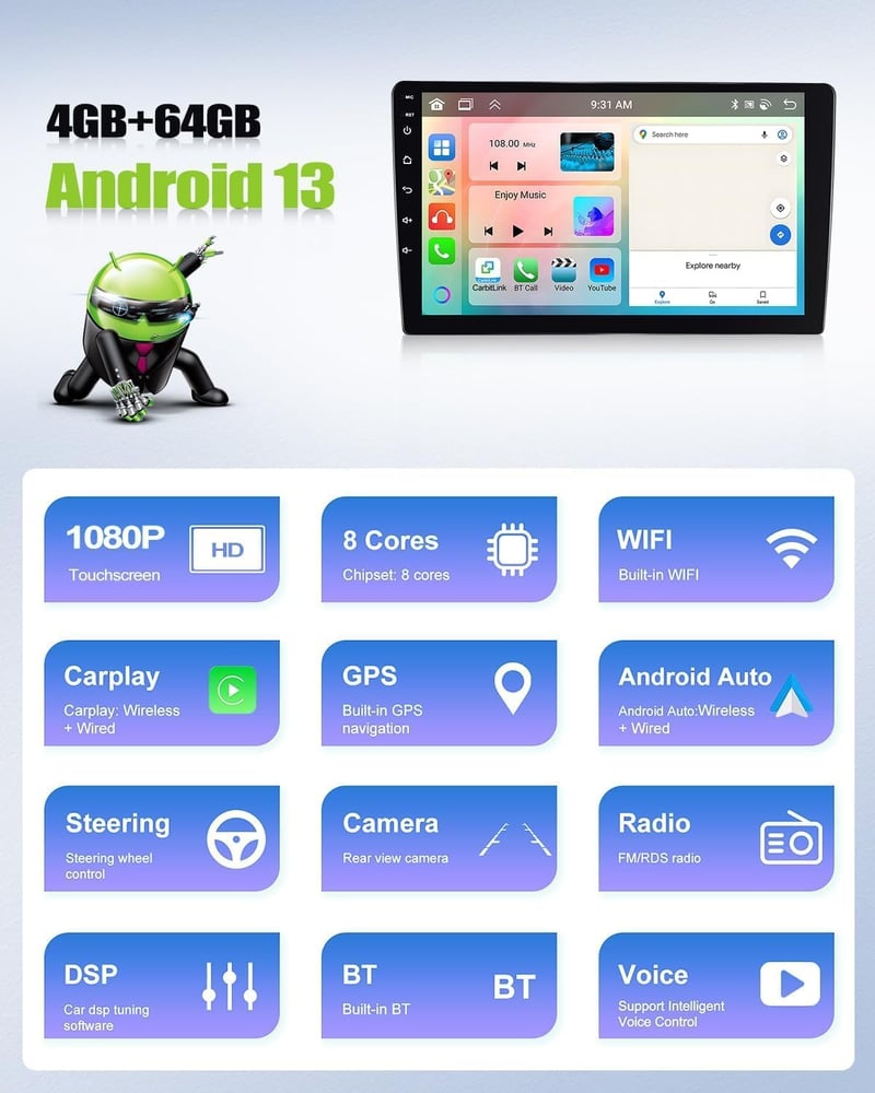 CAMECHO Android 13 8Core 4+64GB 9 hüvelykes Dupla DIN autórádió Fiat Ducato 3 Boxer 2 Jumper 2 Bluetooth 5.0 CarPlay Navi