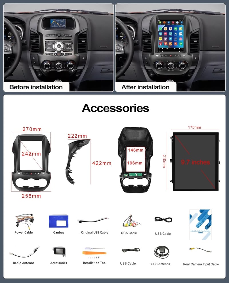 CAMECHO Android 13 Autórádió 9.7" Ford Ranger PX 2011-2015 GPS Navigáció Bluetooth