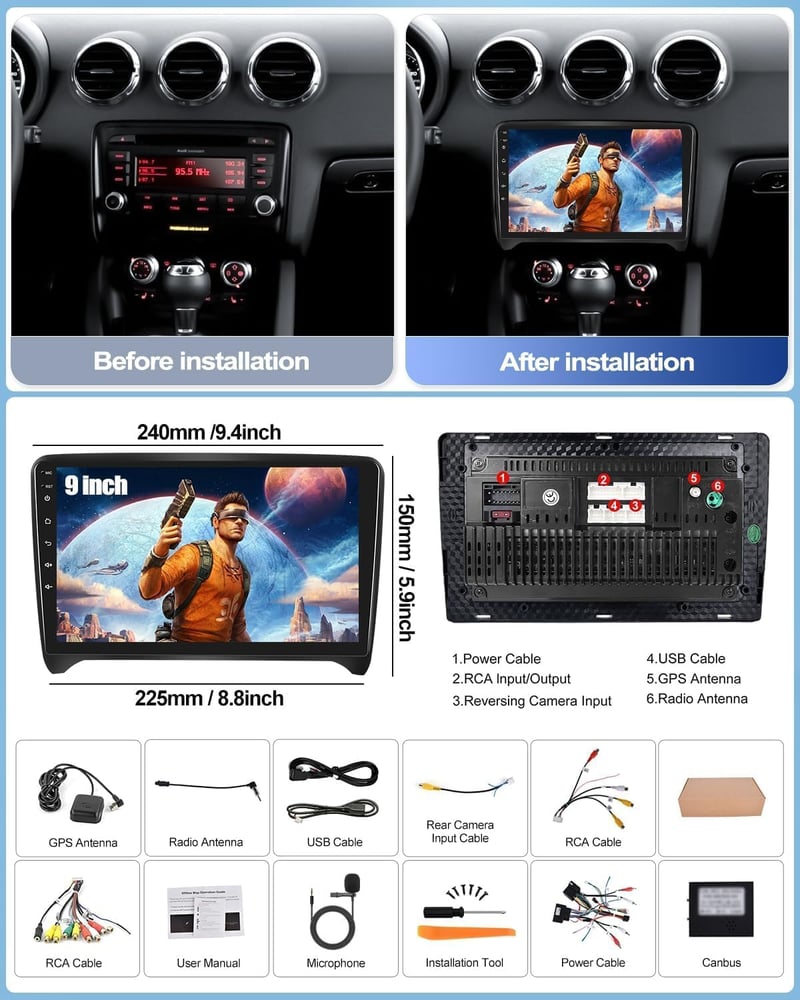 CAMECHO Android 13 Autórádió Audi TT 8J 2008-2014 9" Kijelző Navi CarPlay DSP