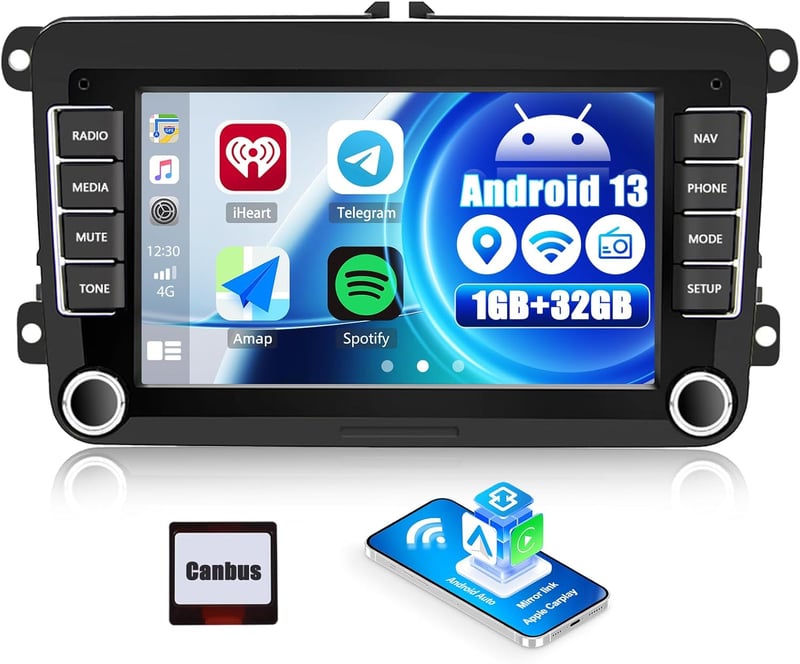CAMECHO Android 13 Autórádió CarPlay-vel VW Golf Polo Tiguan, 7" Érintőképernyő, Navigáció, Bluetooth, USB, Tolatókamera