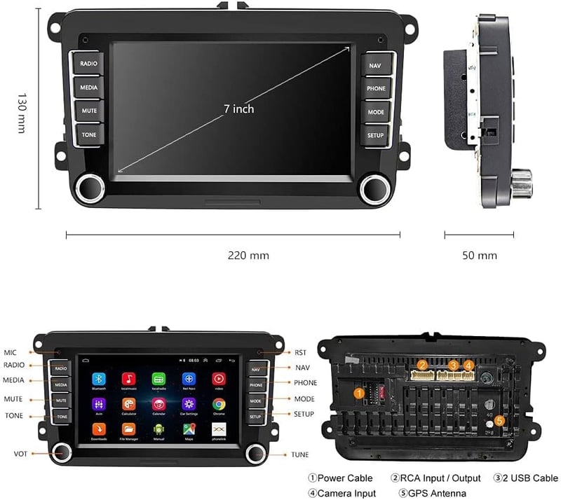 CAMECHO Android 13 Autórádió CarPlay-vel VW Golf Polo Tiguan, 7" Érintőképernyő, Navigáció, Bluetooth, USB, Tolatókamera