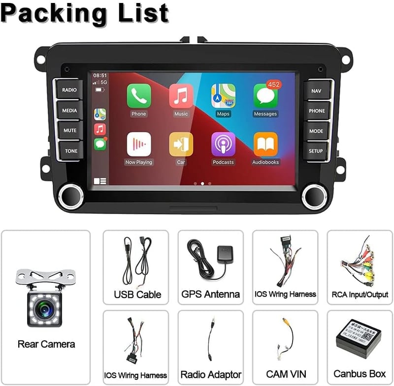 CAMECHO Android 13 Autórádió CarPlay-vel VW Golf Polo Tiguan, 7" Érintőképernyő, Navigáció, Bluetooth, USB, Tolatókamera