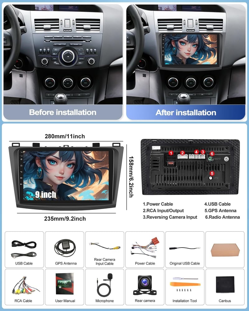 CAMECHO Android 13 Autórádió Mazda 3 2009-2013 Navigáció CarPlay 9" Képernyő Bluetooth