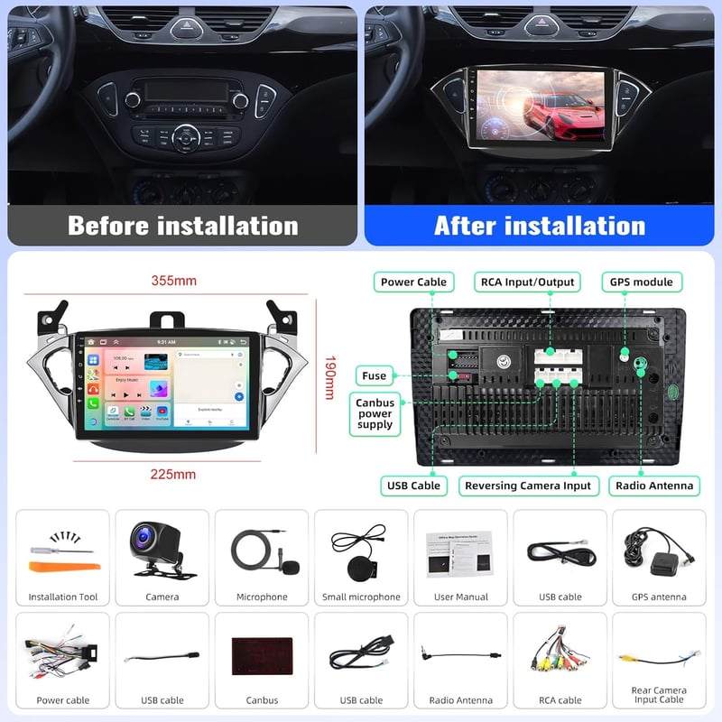 CAMECHO Android 13 Autórádió Opel Corsa/Adam 9" Kijelző Navi CarPlay DSP Bluetooth