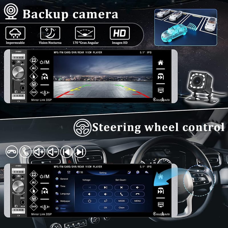 CAMECHO Autórádió 1 DIN CarPlay Android 5,1" Érintőképernyő Bluetooth Kihangosító FM USB TF AUX Tolatókamerával