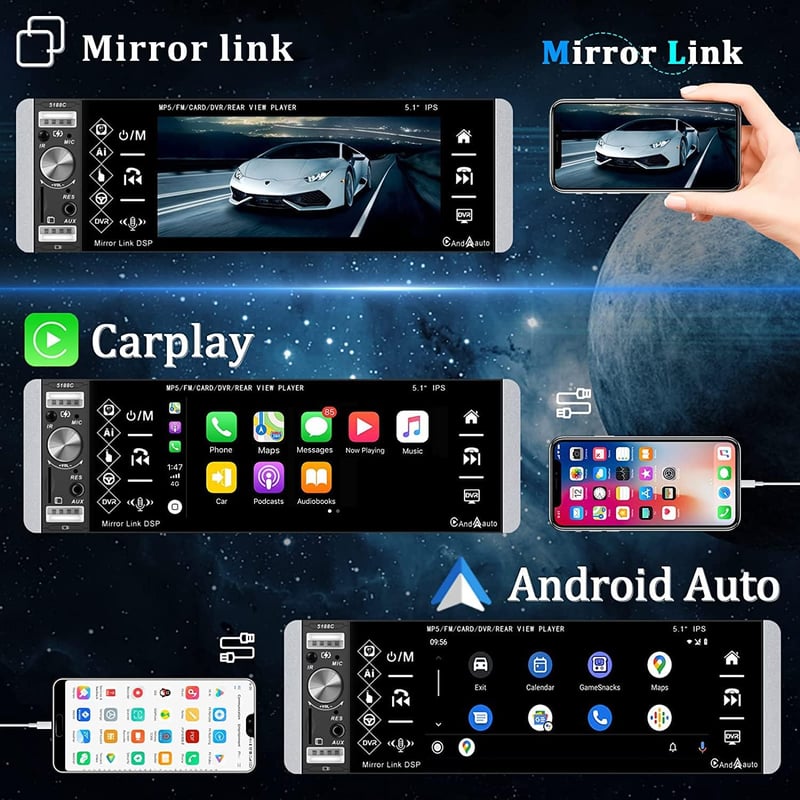 CAMECHO Autórádió 1 DIN CarPlay Android 5,1" Érintőképernyő Bluetooth Kihangosító FM USB TF AUX Tolatókamerával