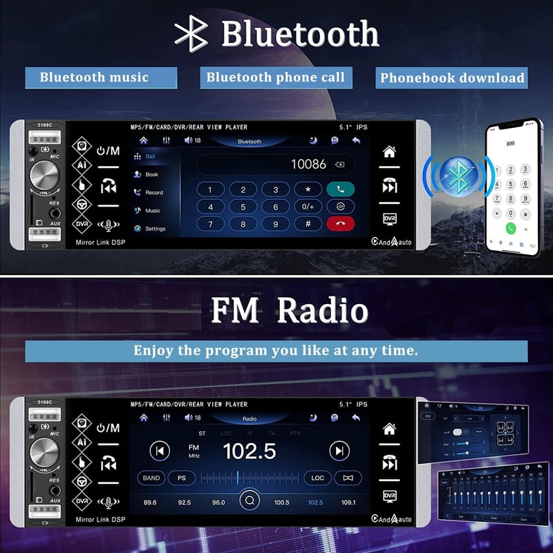 CAMECHO Autórádió 1 DIN CarPlay Android 5,1" Érintőképernyő Bluetooth Kihangosító FM USB TF AUX Tolatókamerával