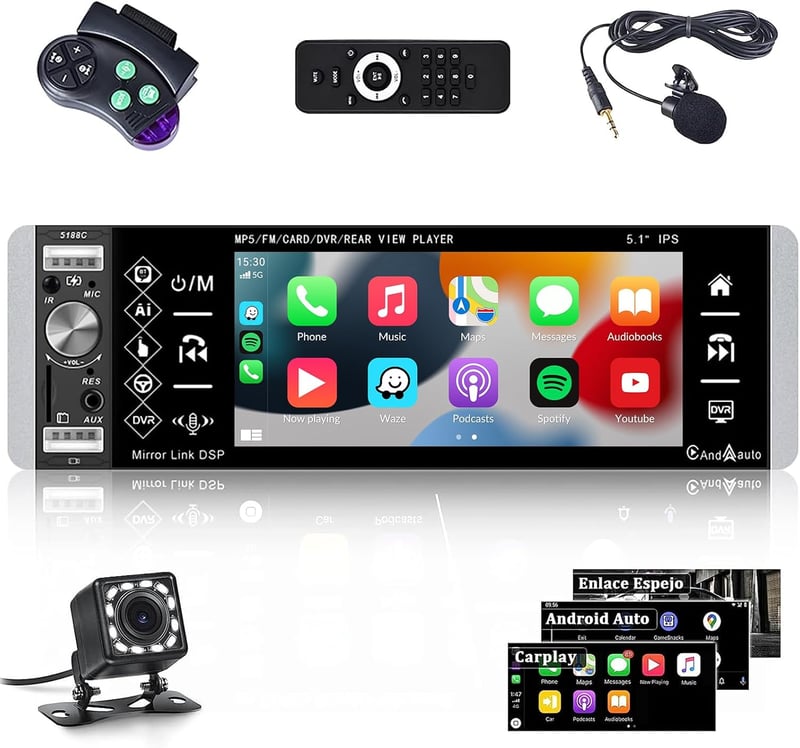 CAMECHO Autórádió 1 DIN CarPlay Android 5,1" Érintőképernyő Bluetooth Kihangosító FM USB TF AUX Tolatókamerával