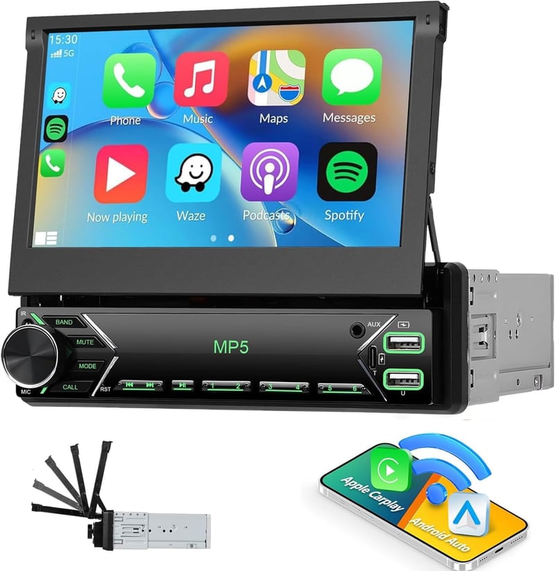 CAMECHO Wireless CarPlay Android autórádió 7" motorozott kijelzővel Bluetooth kihangosítóval