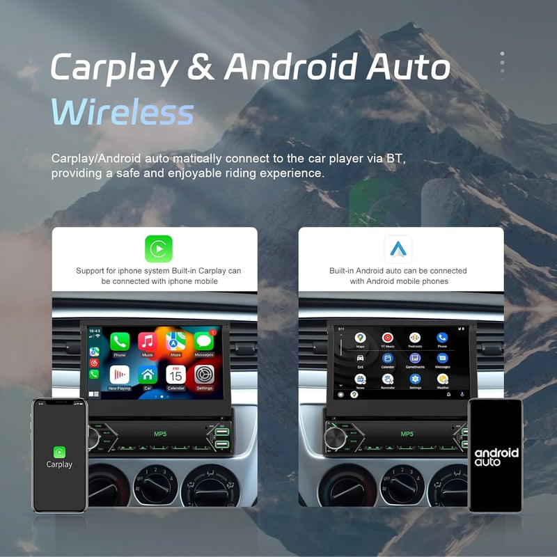CAMECHO Wireless CarPlay Android autórádió 7" motorozott kijelzővel Bluetooth kihangosítóval