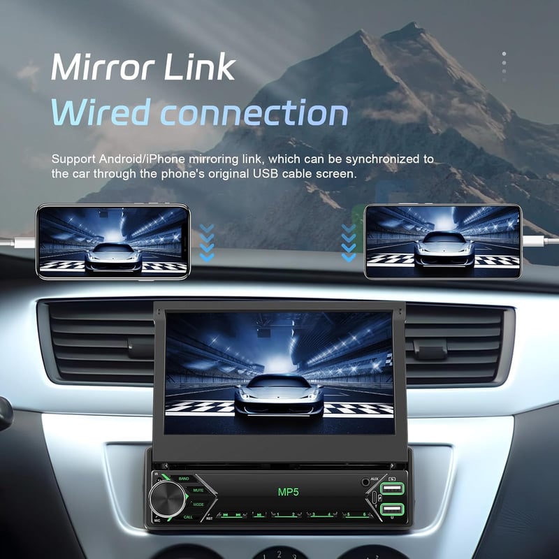 CAMECHO Wireless CarPlay Android autórádió 7" motorozott kijelzővel Bluetooth kihangosítóval