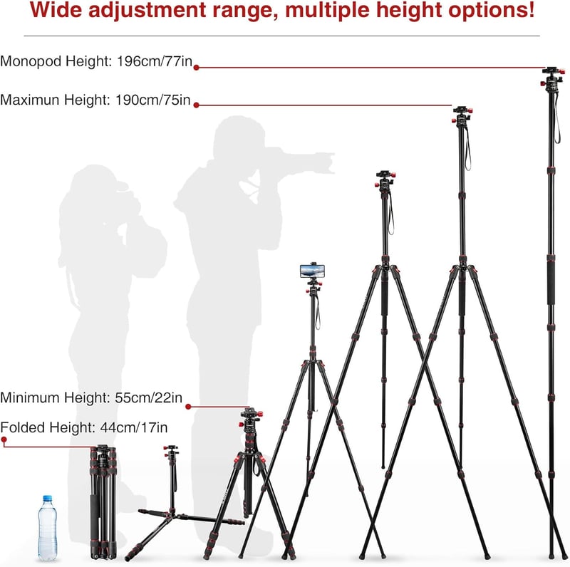 CAMOLO Állvány Fényképezőgéphez 190 cm, Hordozható DSLR Tripod 360° Panoráma Fejjel, Alumínium Monopod 15 kg Teherbírás Canon