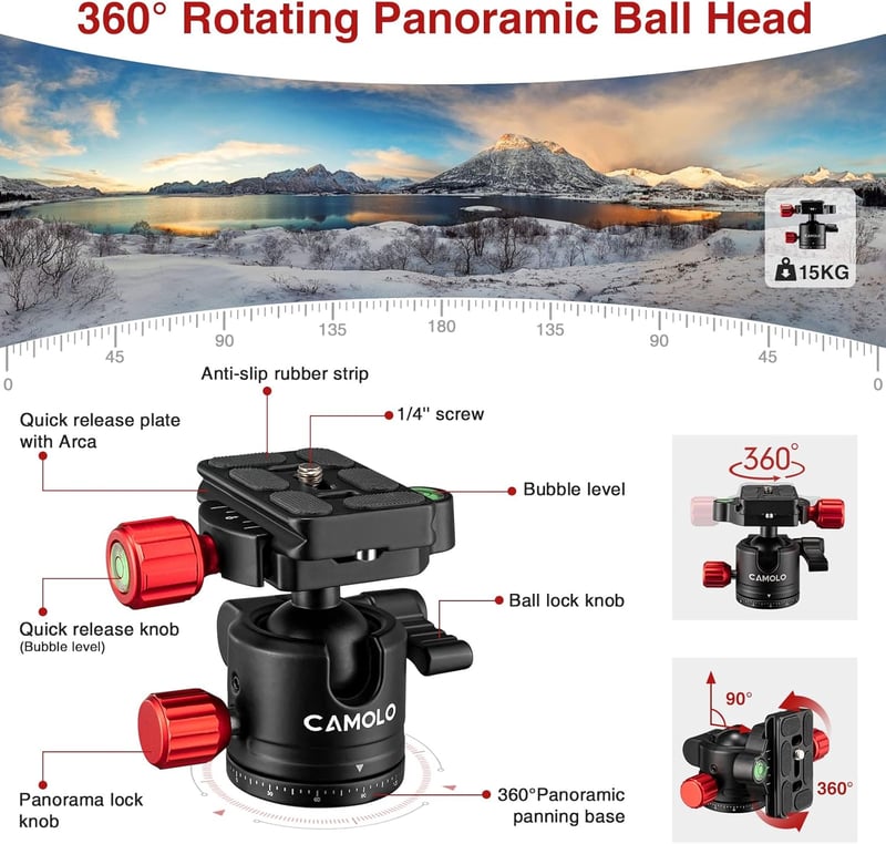 CAMOLO Állvány Fényképezőgéphez 190 cm, Hordozható DSLR Tripod 360° Panoráma Fejjel, Alumínium Monopod 15 kg Teherbírás Canon