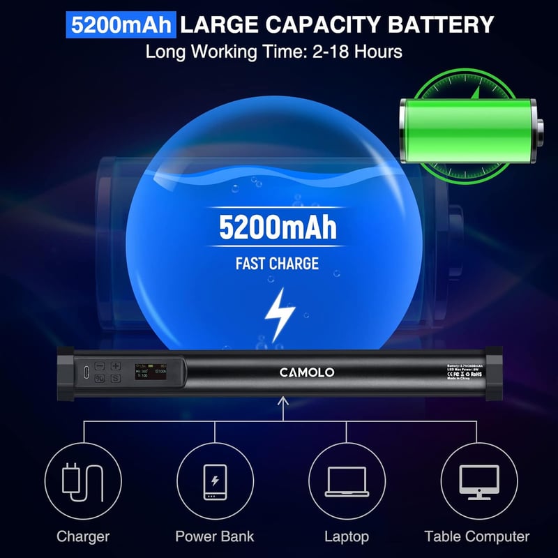 CAMOLO RGB LED Videó Fény 30 cm, Kézi Fotó Világítás 5200mAh Akkuval, 1200 Lumen, 21 Effekt, TikTok Tartalom Készítéshez