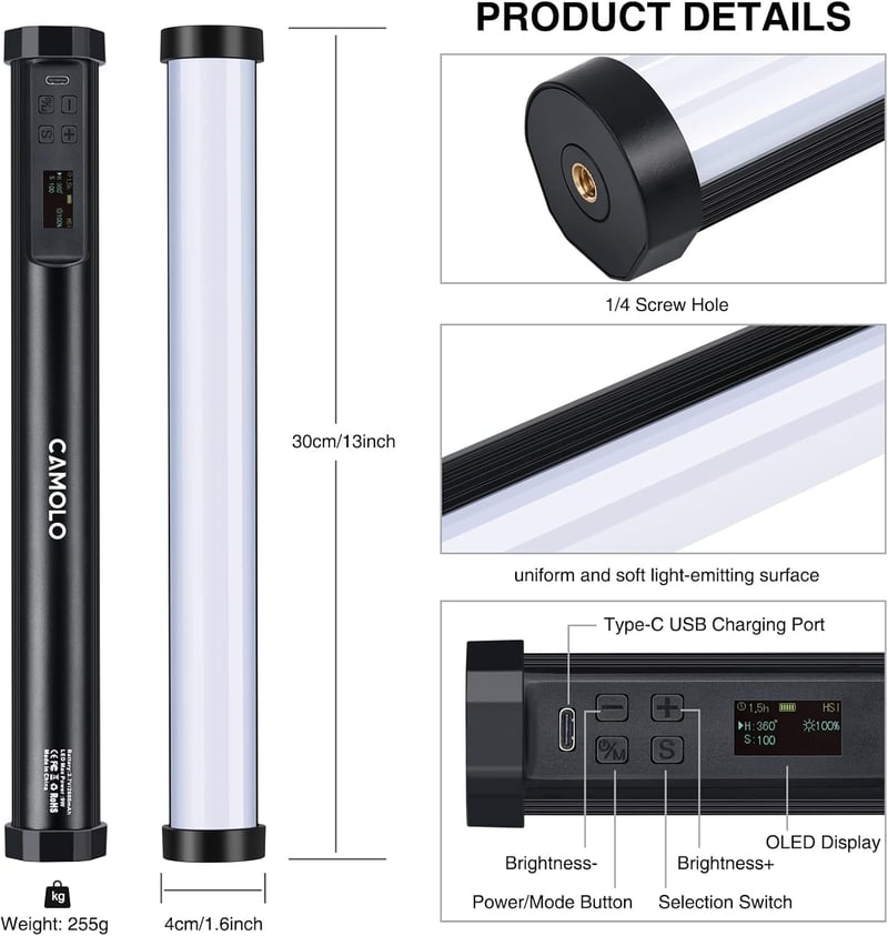 CAMOLO RGB LED Videó Fény 30 cm, Kézi Fotó Világítás 5200mAh Akkuval, 1200 Lumen, 21 Effekt, TikTok Tartalom Készítéshez