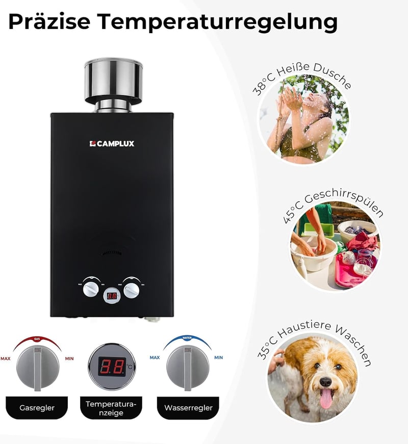 Camplux BW264BC-DE 10L gázüzemű vízmelegítő rozsdamentes fedéllel kempinghez