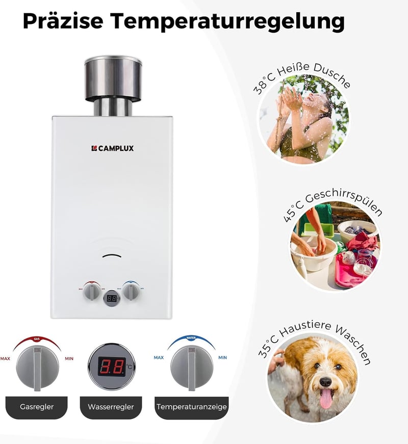 CAMPLUX BW264C-DE 10L Gázüzemű Pillanatvíz-melegítő Esőfejjel Kempinghez