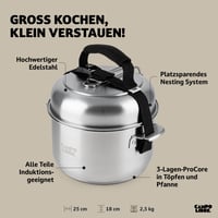Campo Libre Enzo XL Kempingová súprava riadu z nehrdzavejúcej ocele – Kompaktná outdoorová súprava na varenie na indukciu, hrniec, panvica, kanvica 4