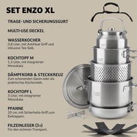 Campo Libre Enzo XL Kempingová súprava riadu z nehrdzavejúcej ocele – Kompaktná outdoorová súprava na varenie na indukciu, hrniec, panvica, kanvica 6