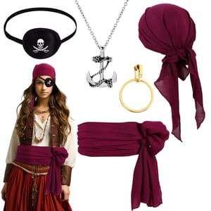Camptrip set od 5 piratskih dodataka za kostim za žene i muškarce - piratska marama, pojas, povez za oko, naušnica i lanac s sidrom, karneval