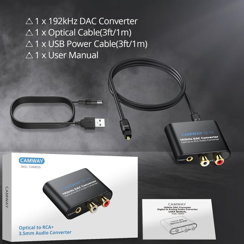 CAMWAY 192kHz digitális-analóg átalakító SPDIF/Toslink RCA 3.5mm erősítővel