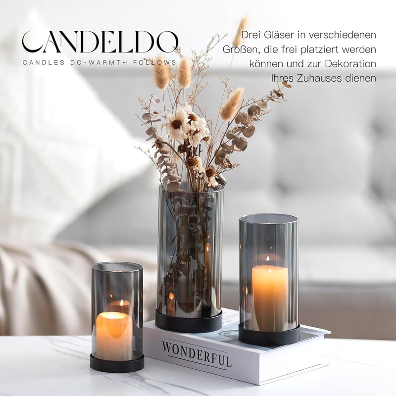 Candeldo 3 darabos fekete fém lámpa szett üveg henger dekoráció kert