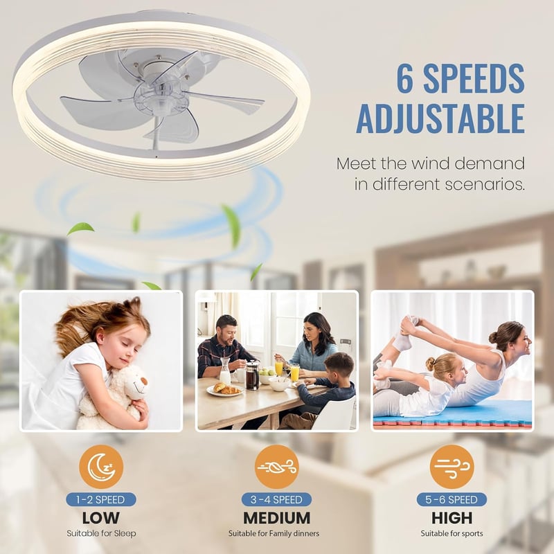CANEOE 50cm LED Mennyezeti Ventilátor Lámpa, 6 Fokozat, Távirányító és App Vezérlés, Fehér