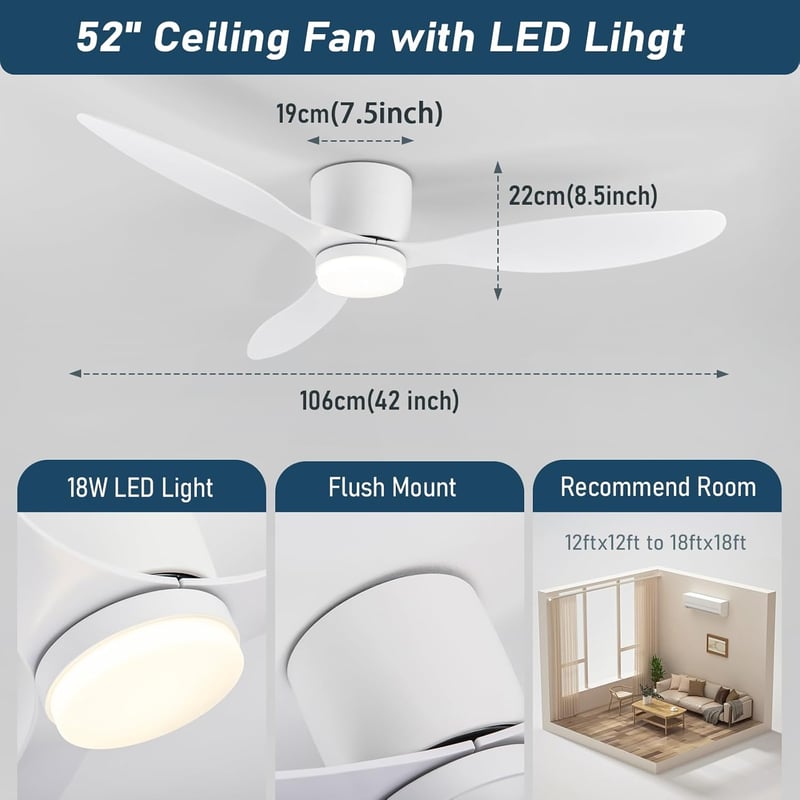 CANEOE LED Mennyezeti Ventilátor Távirányítóval, Csendes DC Motor, 106 cm Dimmelhető Lámpa