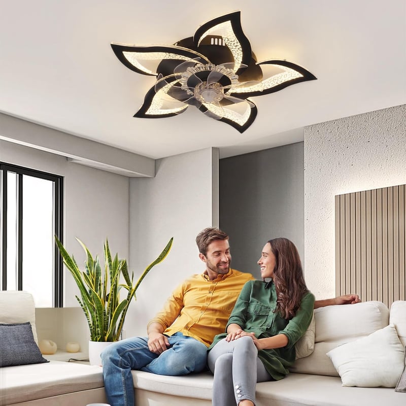 CANEOE Modern LED Mennyezeti Ventilátor Lámpa 80W - Fekete Virág Dizájn, Távirányítós, Applikációval Vezérelhető, Időzíthető, Fényerőszabály