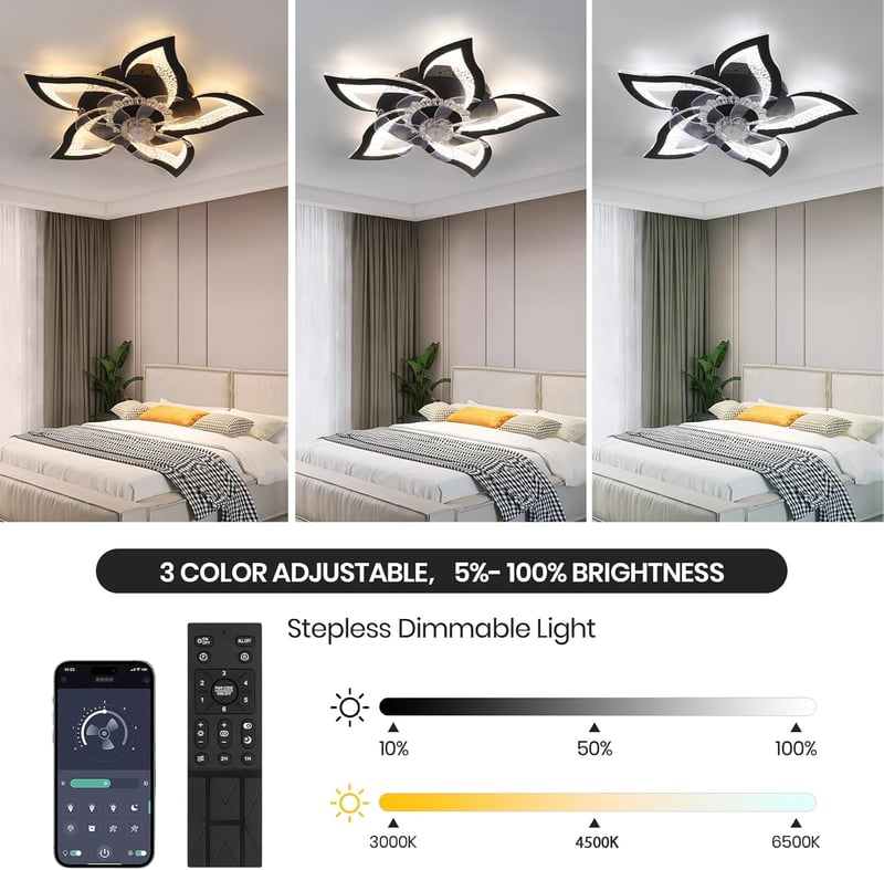 CANEOE Modern LED Mennyezeti Ventilátor Lámpa 80W - Fekete Virág Dizájn, Távirányítós, Applikációval Vezérelhető, Időzíthető, Fényerőszabály