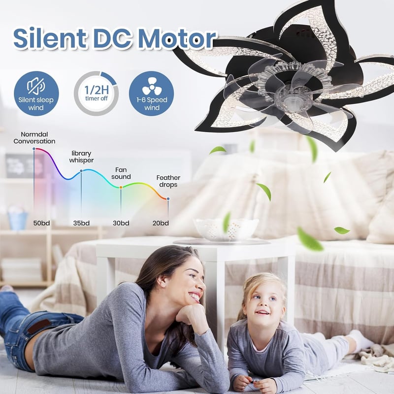CANEOE Modern LED Mennyezeti Ventilátor Lámpa 80W - Fekete Virág Dizájn, Távirányítós, Applikációval Vezérelhető, Időzíthető, Fényerőszabály