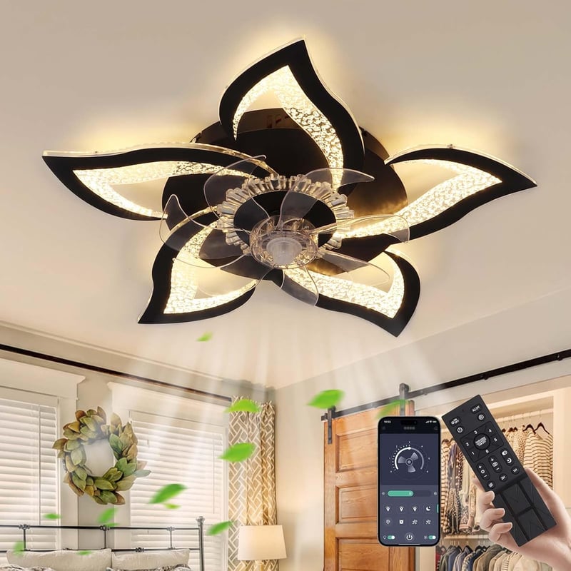 CANEOE Modern LED Mennyezeti Ventilátor Lámpa 80W - Fekete Virág Dizájn, Távirányítós, Applikációval Vezérelhető, Időzíthető, Fényerőszabály