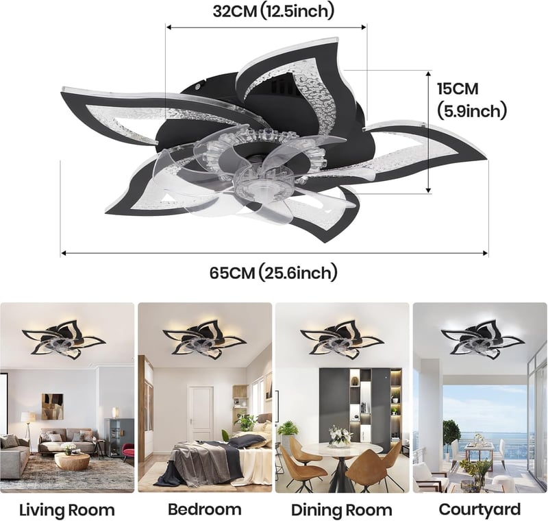CANEOE Modern LED Mennyezeti Ventilátor Lámpa 80W - Fekete Virág Dizájn, Távirányítós, Applikációval Vezérelhető, Időzíthető, Fényerőszabály