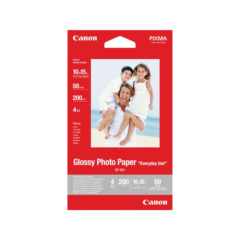 Lesklý fotopapier Canon GP-501 10x15 cm, 200 g/m², 50 listov, pre atramentové tlačiarne, rýchloschnúci, živé farby