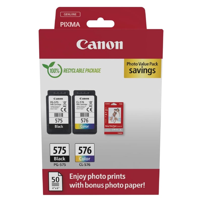Originálne atramentové kazety Canon PG-575 + CL-576 FINE (1 čierna + 1 farebná) + fotografický papier Canon 50 listov – multipack