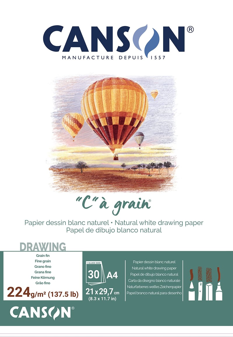 Bloc de desen Canson C à Grain 224g/m², A4, Alb Natural, Textură cu granulație fină, 30 de coli