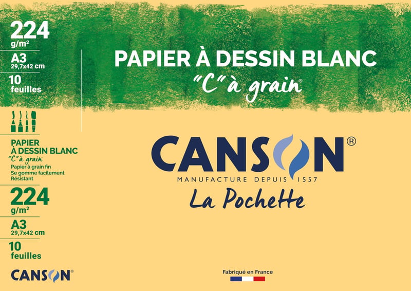 Hârtie de desen Canson "C" à Grain, A3, 224 g/m², alb, set de 10 coli, hârtie artistică
