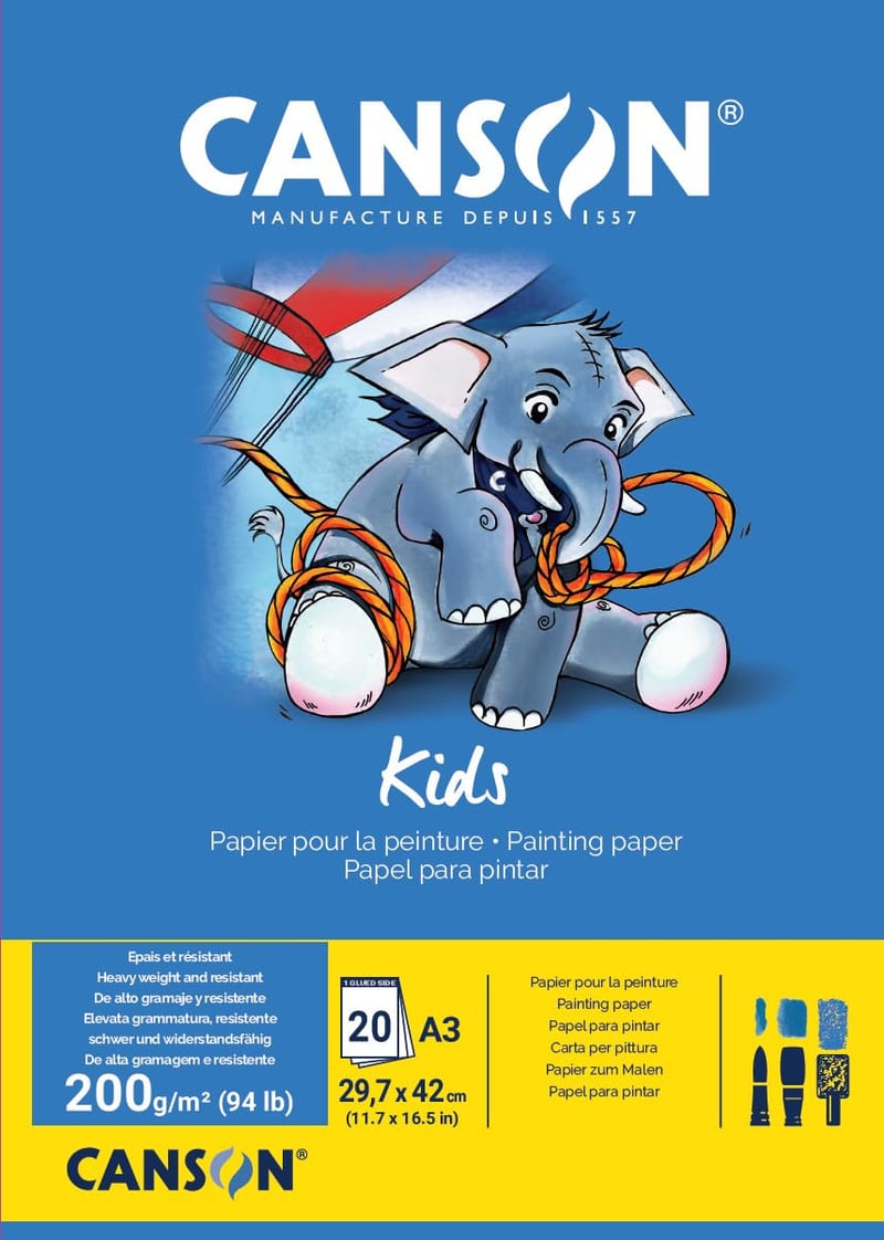 Bloc de desen Canson Kids Peinture, A3, 20 coli, 200 g/m², Alb, Textură ușor granulată