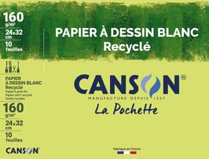 Hârtie de desen Canson Recycling 160 g/m² – 24 x 32 cm, Alb, pachet de 10 coli