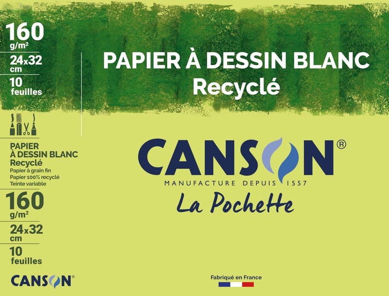 Hârtie de desen Canson Recycling 160 g/m² – 24 x 32 cm, Alb, pachet de 10 coli