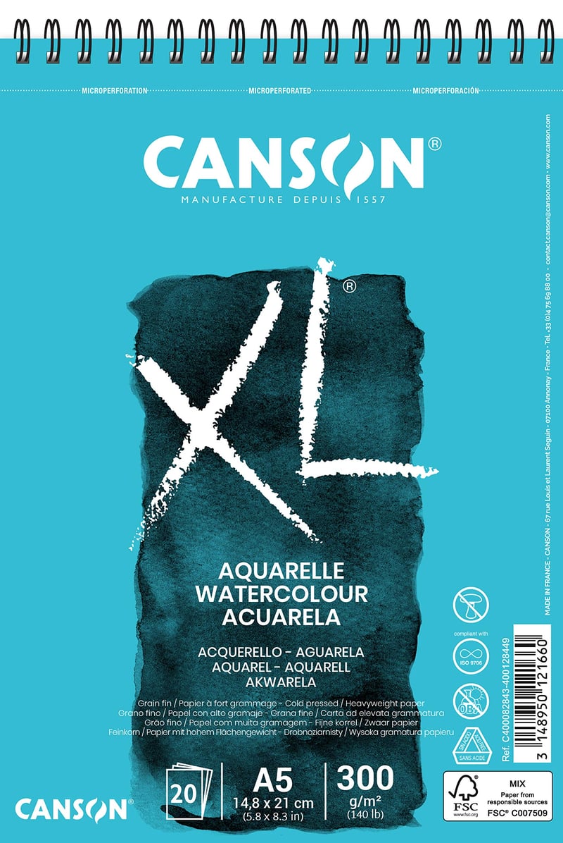 Akvarelový skicár Canson XL Aquarelle so špirálou – A5, 300 g/m², 20 listov, biely