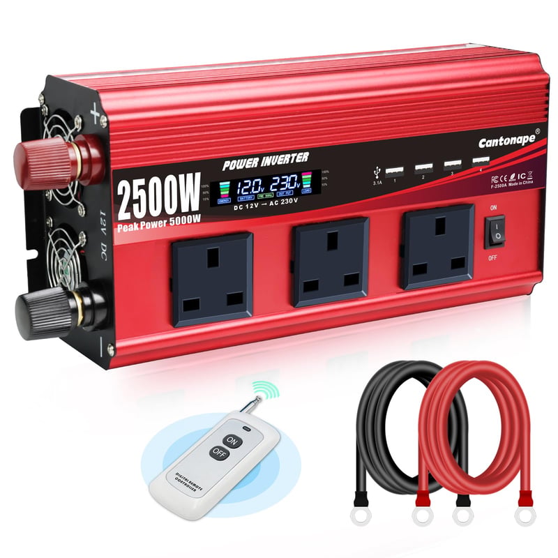Menič napätia Cantonape 2500W 12V/230V, s LCD displejom, 4 USB portmi, s diaľkovým ovládaním