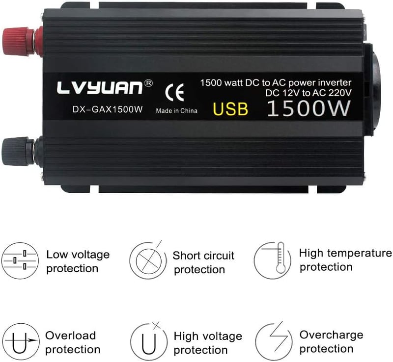 Cantonape 750W Feszültségátalakító 12V-230V - Autós Inverter EU Csatlakozóval és 2 USB Porttal Laptophoz, Kamerához, Okostelefonhoz