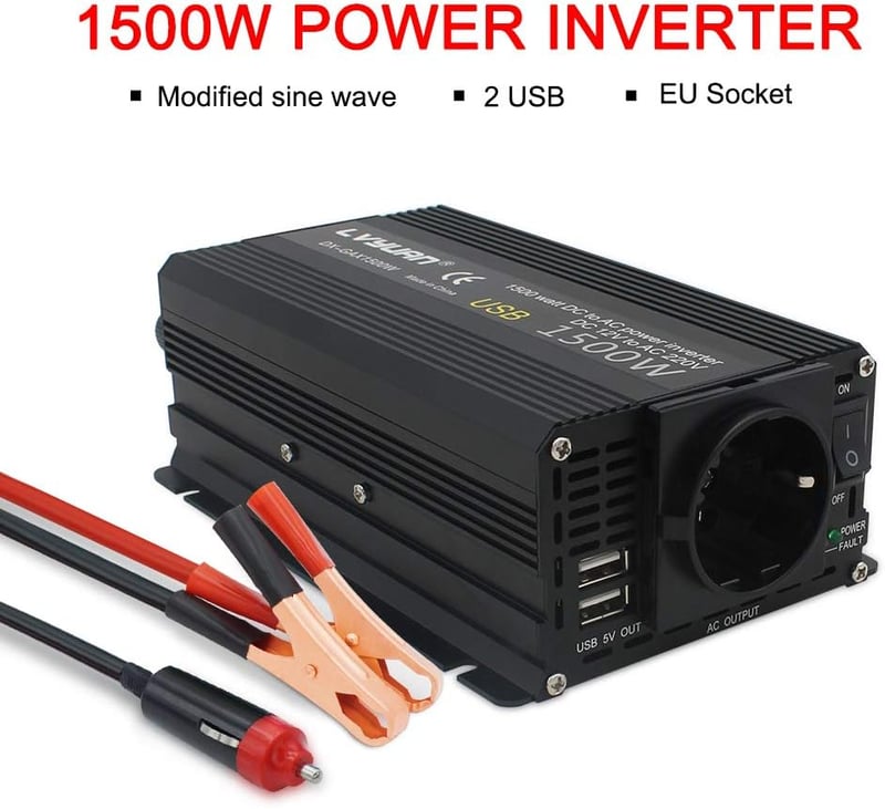 Cantonape 750W Feszültségátalakító 12V-230V - Autós Inverter EU Csatlakozóval és 2 USB Porttal Laptophoz, Kamerához, Okostelefonhoz