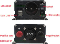 Cantonape 750W Feszültségátalakító 12V-230V - Autós Inverter EU Csatlakozóval és 2 USB Porttal Laptophoz, Kamerához, Okostelefonhoz 4