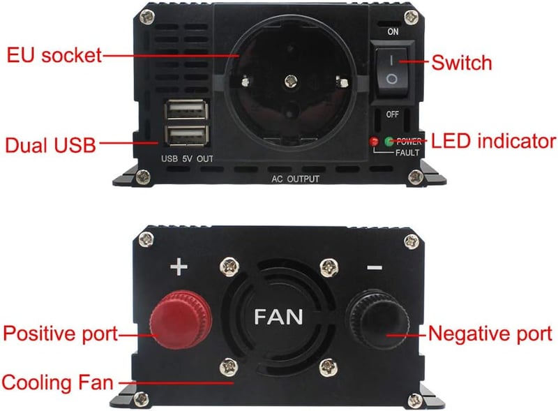 Cantonape 750W Feszültségátalakító 12V-230V - Autós Inverter EU Csatlakozóval és 2 USB Porttal Laptophoz, Kamerához, Okostelefonhoz